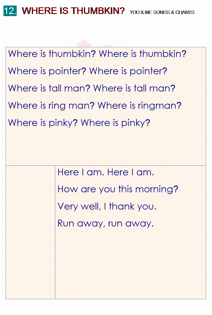 r: 12.  WHERE IS THUMBKIN?  YOU & ME SONGS & CHANTS
 
 
Where is thumbkin? Where is thumbkin?
Where is pointer? Where is pointer?
Where is tall man? Where is tall man?
Where is ring man? Where is ringman?
Where is pinky? Where is pinky?
 
Here I am. Here I am.
How are you this morning?
Very well, I thank you.
Run away, run away.

 
